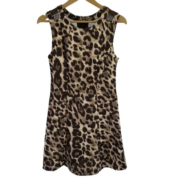 Connected apparel Leopard Print Mesh Back Fit Flare Dress Stretchy Nice Size 8 - Picture 1 of 7